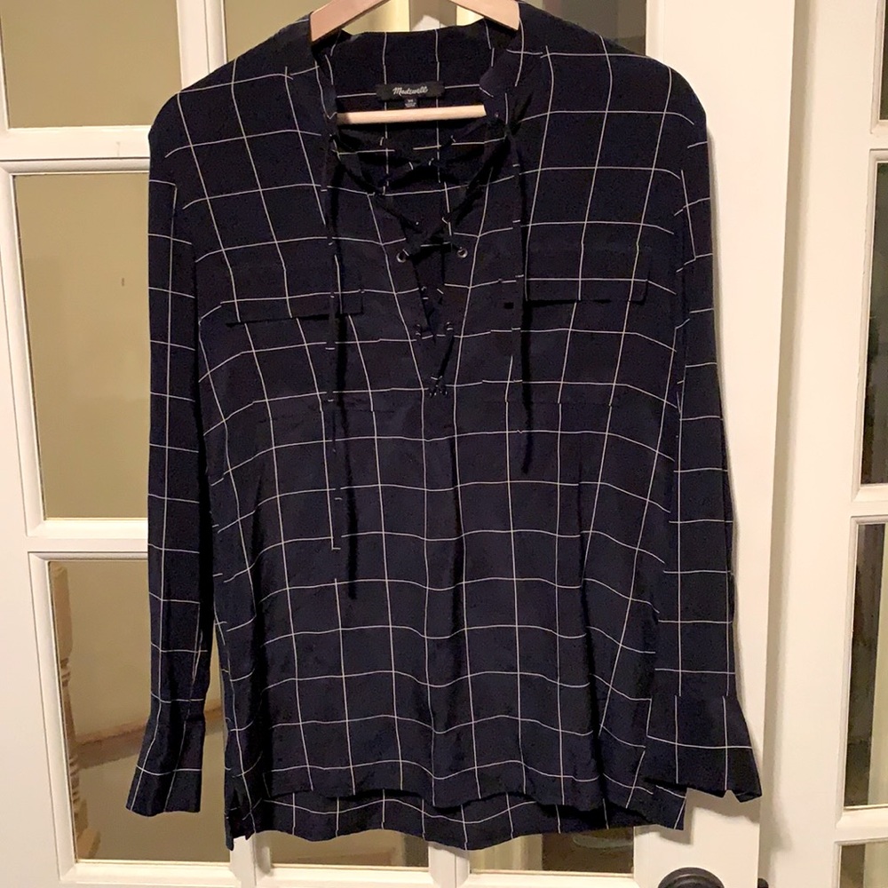 Madewell 100% Silk Window Pane Plaid LaceUp Blouse